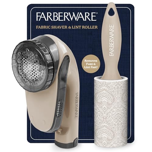 Image of Farberware Fabric Shaver & Lint Roller Set, Large, Portable | Sticky sheets lift pet hair and dust, triple-blade design restores fabrics to like-new condition, for clothing and bedding