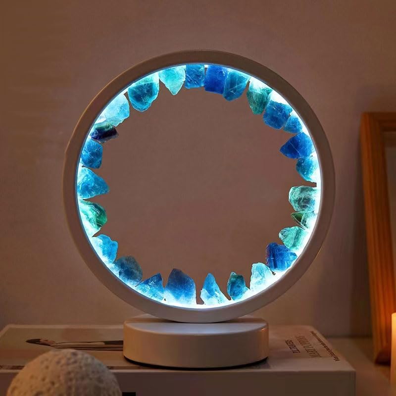 NNOVAT Natural Crystal Lamp, Three Light Modes, Adjustable Brightness, USB Port Power Supply (White Round Cyan Fluorite)