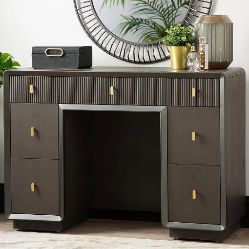 Levon Artisan Luxury Smoke Grey Elm Wood Dressing Table with 7 Drawers | Modern Vanity Desk with Fluted Drawer Fronts & Gold Handles-image-26