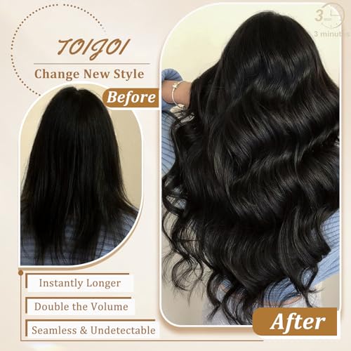 Image of Clip in Hair Extensions Real Human Hair for Women Natural Black 20inch | Natural Blend for Daily Wear,Human Hair Extensions, Add Volume And Length, No Tangle, No Shedding, Double Weft, 8PCS, 100g