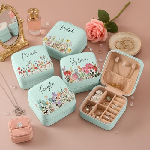 Image of PRIMIT Personalized Jewelry Box with Name & Birth Flower - Custom Travel Jewelry Organizer Case - Bridesmaid, Birthday, Christmas Gift for Women & Girls (Mint)