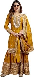 Winksfashion Women's Chinnon Traditional Sharara Set with Sequence Embroidery, Salwar Suit, Heavy Embellished Dress with D...