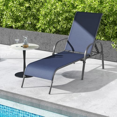 Image of Giantex Patio Lounge Chair, Outdoor Chaise Lounge with 5 Adjustable Backrest, Sturdy Steel Frame, Sunbathing Recliner, Tanning Chair for Beach, Outside, Yard, Balcony, Pool Chairs, Navy