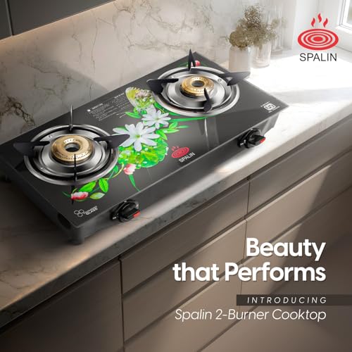 Image of 2 Burner Glass Top Gas Stove | Manual Ignition | Floral Crystal Toughened Glass Design | ISI Certified | High Efficiency Burners | Easy Clean Countertop Gas Stove for Kitchen