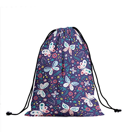 Floral Butterfly Drawstring Grip Bags - Purple Flowers Leaf Grip Bag Christmas Cartoon Nature Butterflies Cartoon Animals Drawstring Storage Bags Gym Pouch Shoe Bags Polyester Towel Bag #TOP2