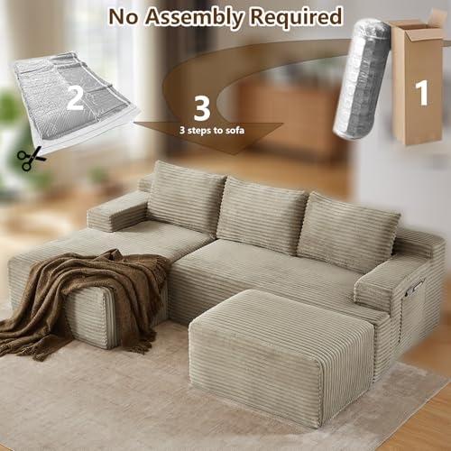 Image of 96 inch U-Shape Cloud Couch, Modern Modular Sectional L-Shape Sofa with Ottoman, Corduroy Upholstered Couches Deep Seat Sleeper Chaise Longue for Living Room, No Assembly Required(Camel, Left Facing)
