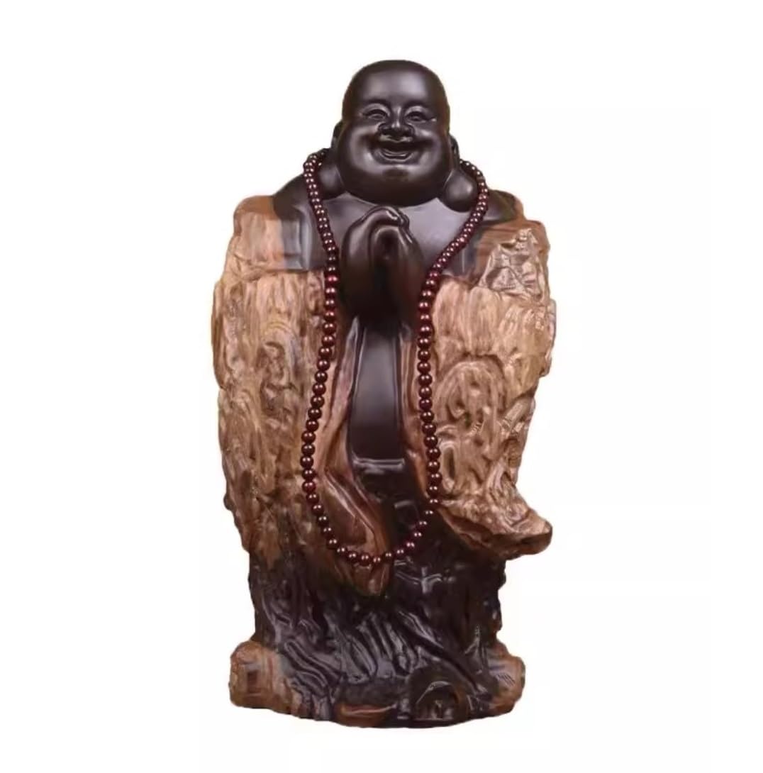 Ozdobna figurka, rzeźby z litego drewna Blackwood śmieją się do wystroju domu na biurko ogród posąg buddy (24 60 cm)