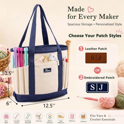 Image of Personalized Crochet Bag with Custom Leather Patch or Embroidered Name, Canvas Knitting Tote for Yarn Storage, Crochet Organizer with Multiple Pockets, Custom Gift for Crocheters & Knitters