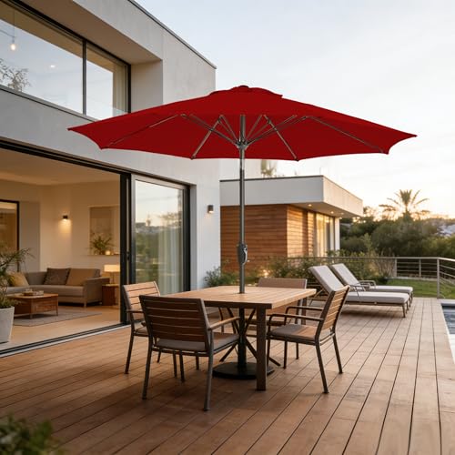 Tioline 9FT Outdoor Patio Umbrella Outdoor pool Umbrella with Push Button Tilt and Crank, Market Umbrella 8 Sturdy Ribs UV Protection for Garden, Deck, Backyard (Red) — view 2