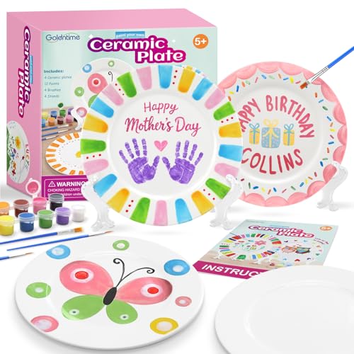Goldentime Ceramic Painting Kit for Kids & Adults Includes 4 Ceramic Plates, 12 Paints, 4 Brushes & 4 Stands | Paint Your Own Ceramic Birthday Plates| Unpainted Ceramics for Mother's Day & Christmas