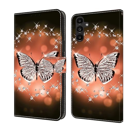 CLM-Tech Handyhülle kompatibel mit Samsung Galaxy A16 5G Hülle - Tasche aus PU Leder - Klapphülle mit Ständer und Kartenfächern - Schutzhülle Wallet Case Cover Schmetterling Diamanten Muster