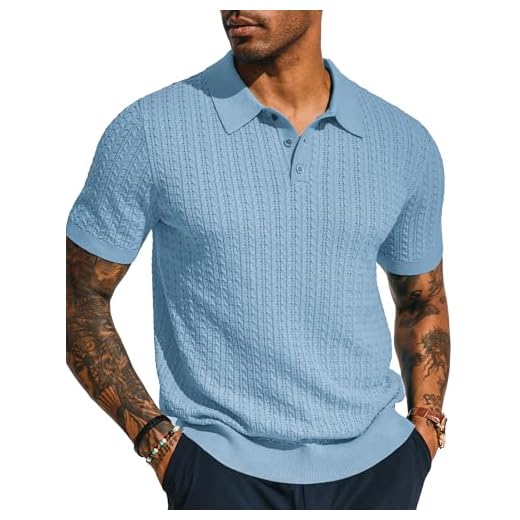 PJ PAUL JONES Camisa polo masculina de malha de manga curta vazada com textura polo de malha, Azul-celeste, GG