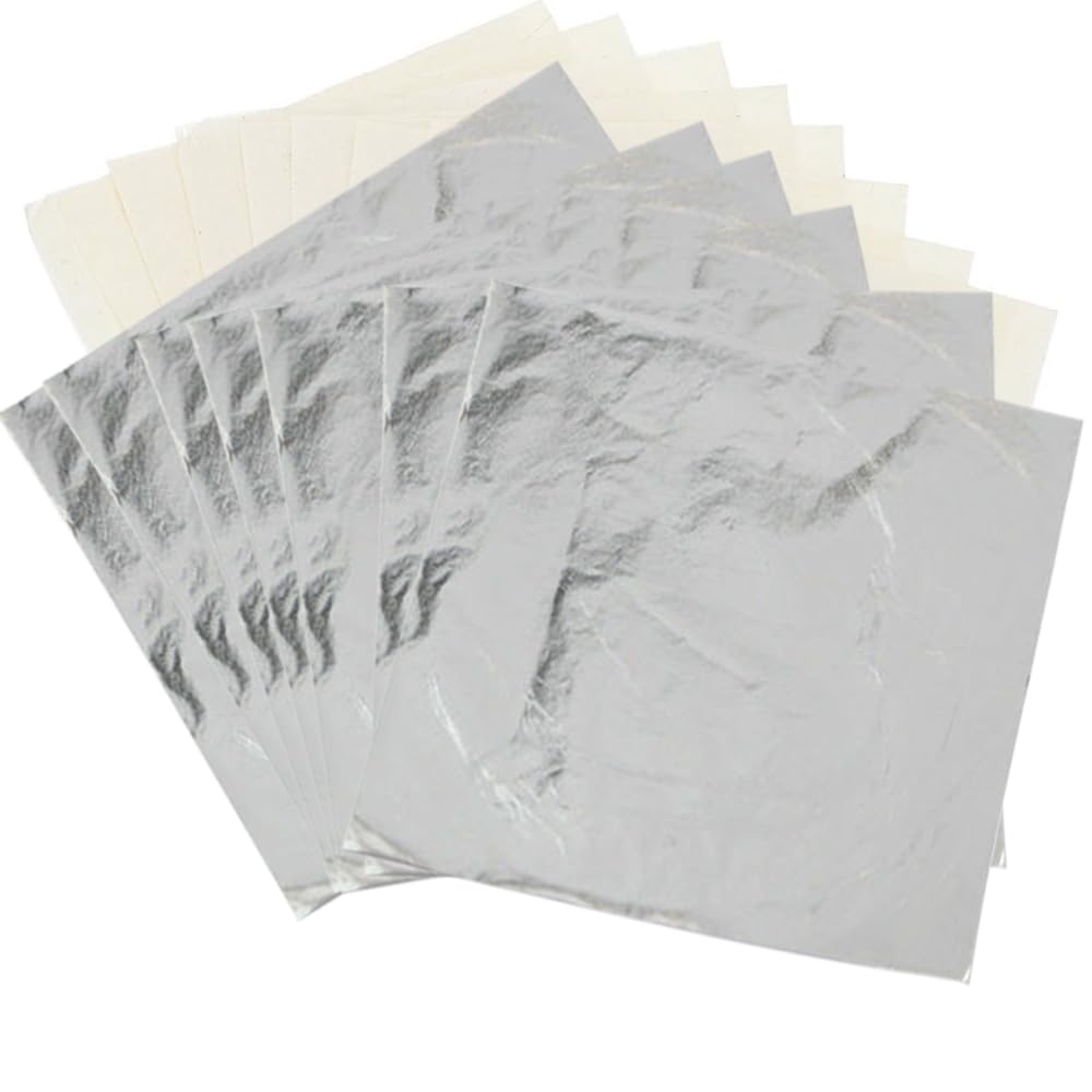 100Pcs Silver Leaf Foil Leaf Sheets, 5.5 x 5.5 Inches Gilding Foil Imitation Silver Leaf for DIY Nails Art Painting Gilding Crafting Decoration