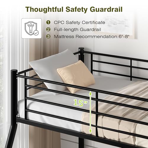 Image of VECELO Bunk Bed Twin Over Full, Metal Bunkbeds with Ladder and Full-Length Guardrail, No Box Spring Needed, Space Saving, Noise Free, Black