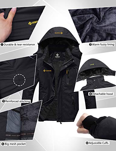 GEMYSE Herren Skijacke Winddichte Wasserdichte Fleece Winterjacke mit Kapuze für Outdoor(Schwarz,M)
