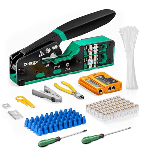Image of Ethernet crimping tool kit RJ45 crimp tool, Cat5 Cat6 Pass Through Crimping Tool for Network Cable Tester, Multiply Stripper, 50PCS Cat 6 Pass Through Connectors and Strain Relief Boots