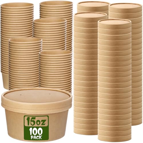 Image of Fulmoon 15 oz 100 Pack Paper Containers with Lids Soup Bowl Cup, Brown | Disposable Ice Cream Cup, Kraft Food Containers with Vented Lid Stackable for Hot Soup Dessert Cake Fruit Microwave Takeout