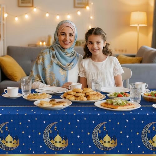 Image of Childom 3 Pack Ramadan Table Cloth,Ramadan Decorations for Home,54 inch x 108 inch Eid Mubarak Decorations,Eid Ramadan Tablecloths Rectangular,Blue Plastic Table Cloth Disposable Table Cover for Party Favors