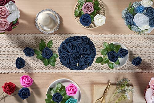 H.flolavida Navy Blue Foam Rose Artificial Flowers Heads With Stems, 25Pcs Fake Flowers For Diy Wedding Decor, Baby Shower, Bridal Shower, Wedding Bouquet,Party Centerpiece Table Decorations, 1 Box #TOP4
