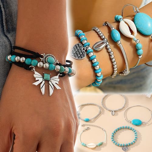 KISS WIFE Western Jewelry Set for Women, Turquoise Vintage Silver Western Necklaces Bracelets Earrings Rings Bohemian vacation Beach Jewelry Sets Gifts for Women3