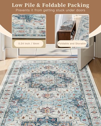 Madane Hallway Runner Rug 4x8 Wide: Washable Thin Runners for Hallways Entry, Non Slip Soft Vintage Kitchen Rugs Low Pile Carpet Runners for Living Room Bedroom Dining Room Foyer (Blue, 4x8)