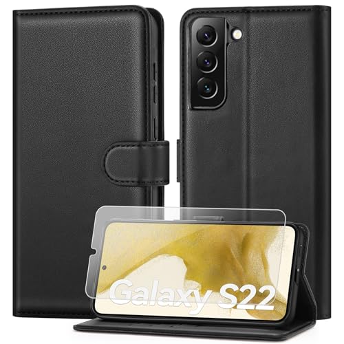 ivencase Coque pour Samsung Galaxy S22 5G avec Verre Trempé, étui Cuir PU Magnétique [Pochette de Portefeuille], Housse de Fonction Stand Video Porte Carte Credit à...