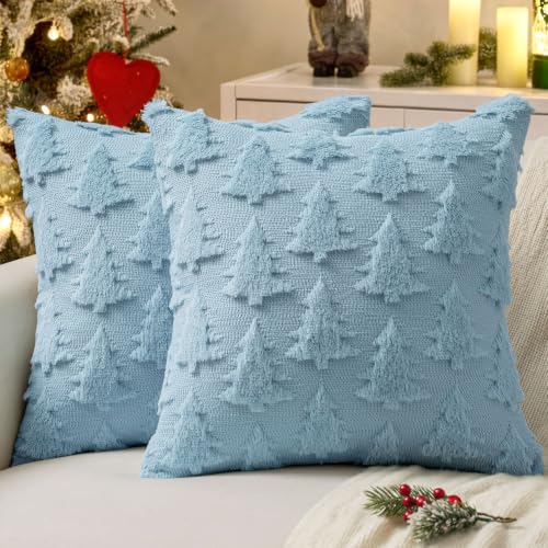 Image of MIULEE Christmas Throw Pillow Covers Blue Christmas Decorations Set of 2 Xmas Tree 18x18 Pillow Covers Soft Plush Faux Wool Pillowcases Holiday Festivals Winter Home Decor Sofa Couch Bed Porch