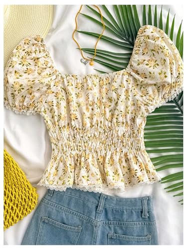 SweatyRocks Girl's Floral Print Puff Sleeve Smocked Peplum Tops Boho Summer Blouses2