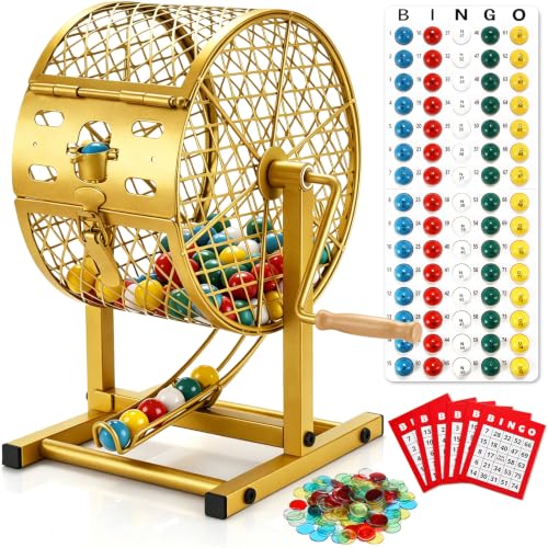AugFir 12.6 Tall Bingo Game Sets with Steel Cage Professional Bingo Game for Adults Includes 150 Colorful Chips 30 Cards and 75 Balls Great for Fun Family Large Groups Parties