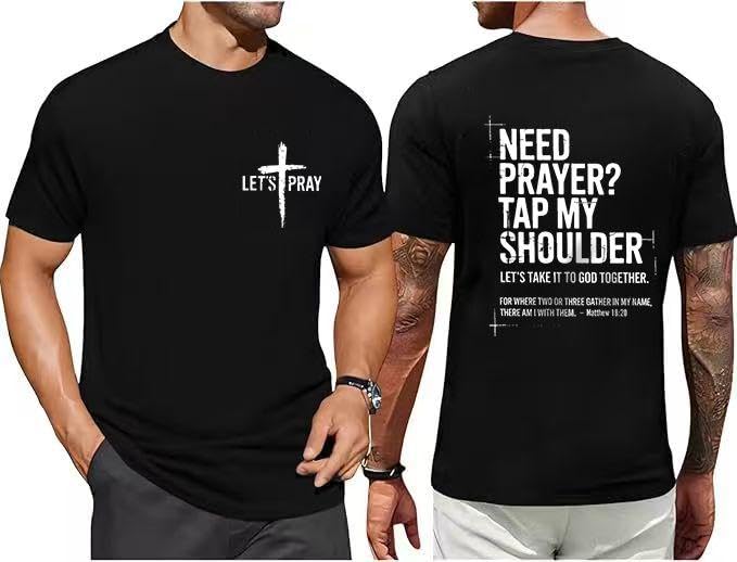 Christian Shirt for Men Lets Pray Cross Tshirt Faith Cross Bible Verse Tee Religious Gift Short Sleeve Tops Black