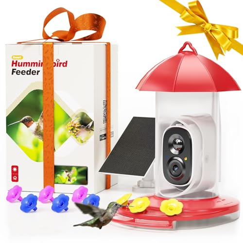 LongPlus® Hummingbird Feeder with Camera for Outdoors Solar Panel,Smart Bird Camera with 2K Live Video,Ant Guard Pole Base,AI Identify Bird Species,Ant Moat,Bee Proof with 3 Feeding Ports,Gifts Ideal