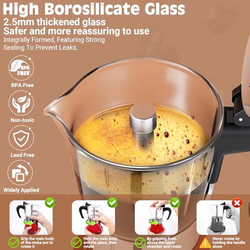 Image of Induction Moka Pot, 6 Cups (10.6 oz) Crystal Glass-Top & Stainless Steel Moka Pot, Classic Stovetop Espresso Maker, Red
