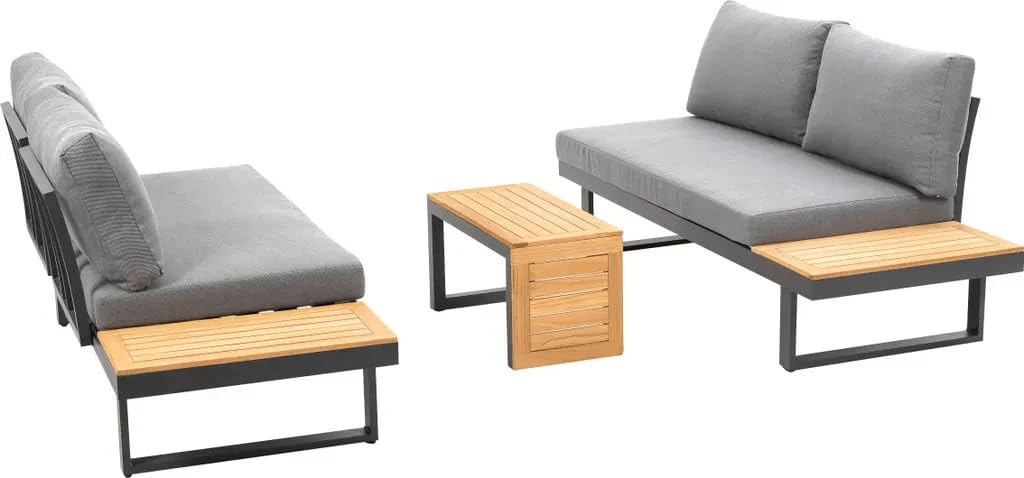 greemotion Lounge-Set Samara, Gartenmöbel-Set aus Aluminium, inklusive Kissen, Anthrazit / Holzfarben / Grau, Mittel