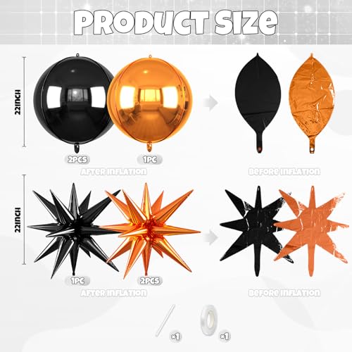 Image of 6pcs 22 inch Black Orange Star Balloons and 4D Large Foil Balloons, Black Foil Star Balloon Orange 4D Aluminum Balloon For Birthday Baby Shower Halloween Basketball Party Wedding Anniversary Decor