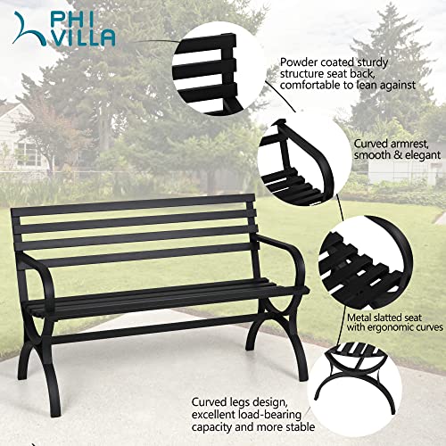 Phi Villa Outdoor Garden Bench, 48” Long Metal Steel Bench With Backrest And Armrests, Modern Slatted Design For Patio, Lawn, Yard, Porch - Black #TOP2