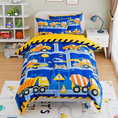 Image of SANDJEST Construction Bedding Sets for Boys, Ultra Soft Microfiber Comforter Bed Set with 3-Pieces, Comforters Sets for Kids Children Boy Bedroom Decor