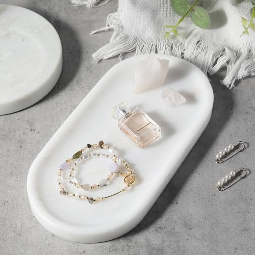 Image of Koville African Natural White Marble Decorative Tray, 10 inch x 5 inch Marble Vanity Tray for Bathroom Countertop Organizer Stone Trays, Catchall Tray for Perfume, Candles, Jewelry (Namib Bianco White)