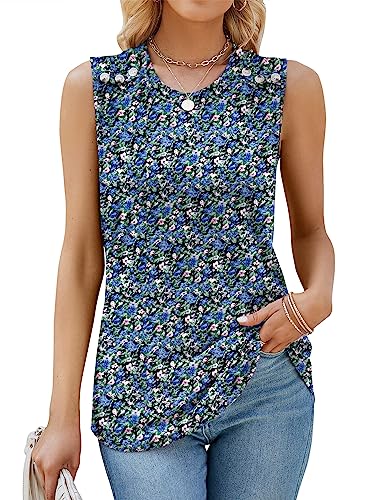 Womens Summer Tops Sleeveless Collared Tank Tops Junior Boho Hawaiian Shirts Racerback Beach Camisole Maternity Blue Floral,M #TOP23
