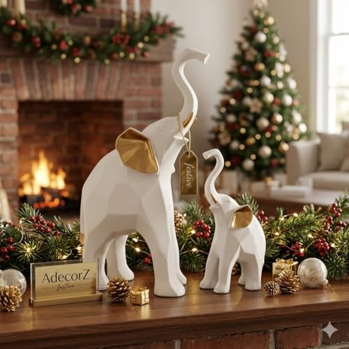 Image of Decorative Elephant Figurines, Resin, 20 cm Height, Set of 2, Standing Statues Geometric Showpiece for Home Decor | Housewarming Gift (White Elephant)