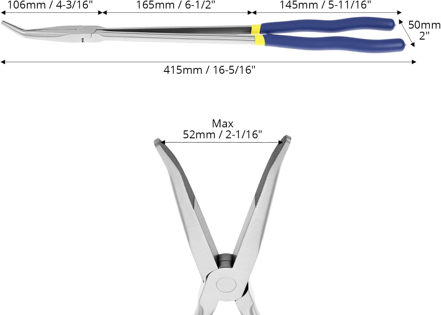 QWORK 16 Inch Long Reach Needle Nose Pliers, 45 Degree Angled Tip, Extra Long Handles, Tight Serrated Jaws for Narrow Spaces, Automotive Mechanic & Machinery Maintenance