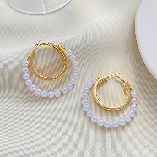 Pearl Hoop Earrings For Women Pearl Drop Earrings Birthday Wedding Jewelry Gifts For Women Girls (Gold) #TOP6