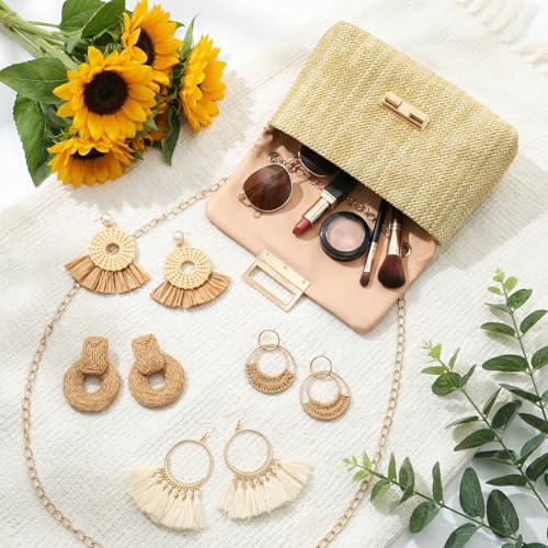 Image of Dansydaisy 5 Pack Striped Straw Clutch Purse Crossbody Vacation Handbag Woven Rattan Dangle Earrings for Women (Beige,Square Buckle)