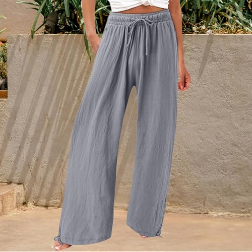 Women's Linen Wide Leg Pants Summer High Waisted Drawstring Palazzo Pants Casual Beach Pants Baggy Trousers4
