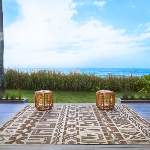 Gertmenian Indoor/Outdoor Kona Coast by Reyn Spooner Rug - 9x13 Extra Large, Stain & UV Resistant, Ideal for Deck, Patio, Poolside Rooms - Tribal, Light Brown, 46671