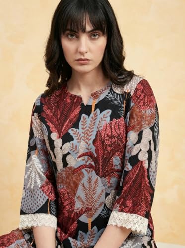 Image of Bee M Pee Designer Trendy Floral Printed Poly Rayon Cotton Kurta Coord Sets for Women | Stylish Casual Kurti Tunic Cord Set with Pant for Woman for Office