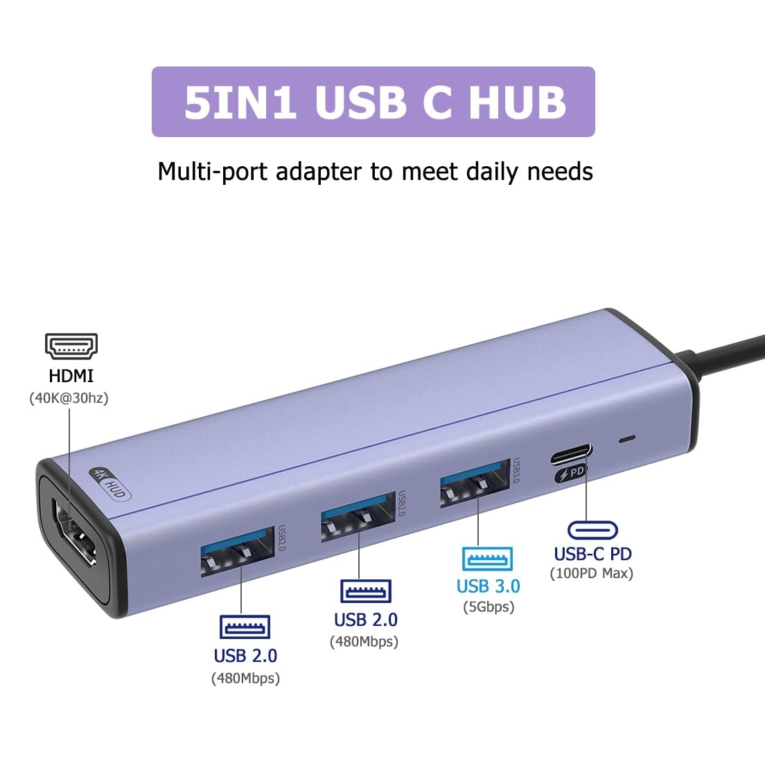 BENFEI HUB USB C 4in1,Multiporta Adattatore USB C con 4K HDMI/ 1080P VGA/ 5 Gbps USB 3.0 Porta dati/Tipo C 60W Power Delivery,per iPhone 15 Pro/Max MacBook Pro/Air 2023 iPad Pro iMac