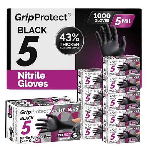 GripProtect Precise 5 Mil Black Nitrile Gloves – Chemical Resistant Nitrile Gloves with Textured Grip for Mechanics, Janitors &amp; Food Prep – Medical Disposable Gloves, Small Case of 1000, 10 bx of 100