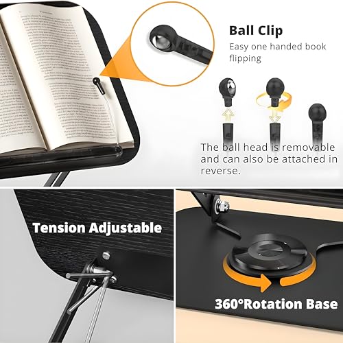 Image of Sunchhaya Book Stand for Reading - Adjustable Wooden Book Holder with 360 Rotating Base, Foldable Reading Rest for Desk, Cookbook Stand, Tablet & Laptop Holder, Height & Angle Adjustable (R51 Black)