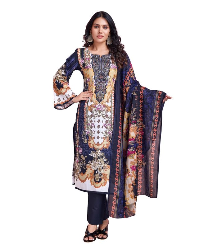 MOJILAA Women Navy Blue Cotton Ethnic Motifs Embroidered Pakistani Style Kurta with Pant & Dupatta | Cotton Printed Salwar Suit | Embroidered Kurta Set | Pakistani Style Salwar Kameez (MJ0212-XL)