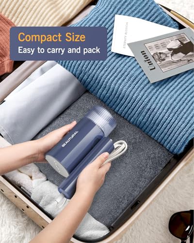Image of BEAUTURAL Travel Steamer for Clothes, Portable and Handheld, 1000W, Blue | Foldable Garment Wrinkle Remover, Fast 30s Heat-up, 120V Only (Not for 220V Europe)